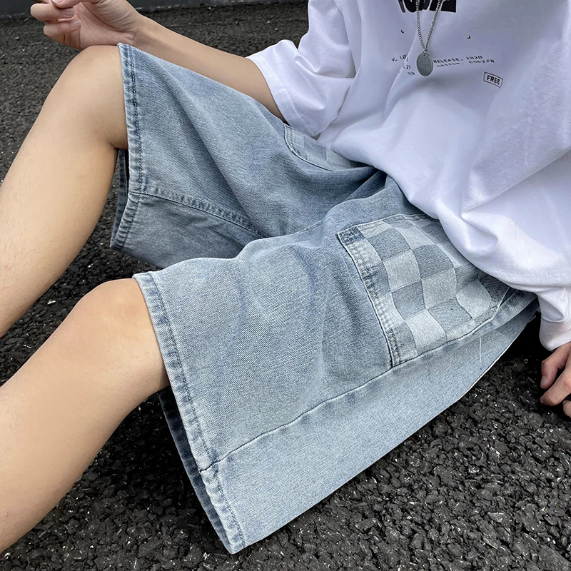 Plaid Patchwork Jean Shorts Mens Summer Casual Straight Leg Denim Pants Teenage Korean Fashion Trends Baggy Streetwear Bottoms