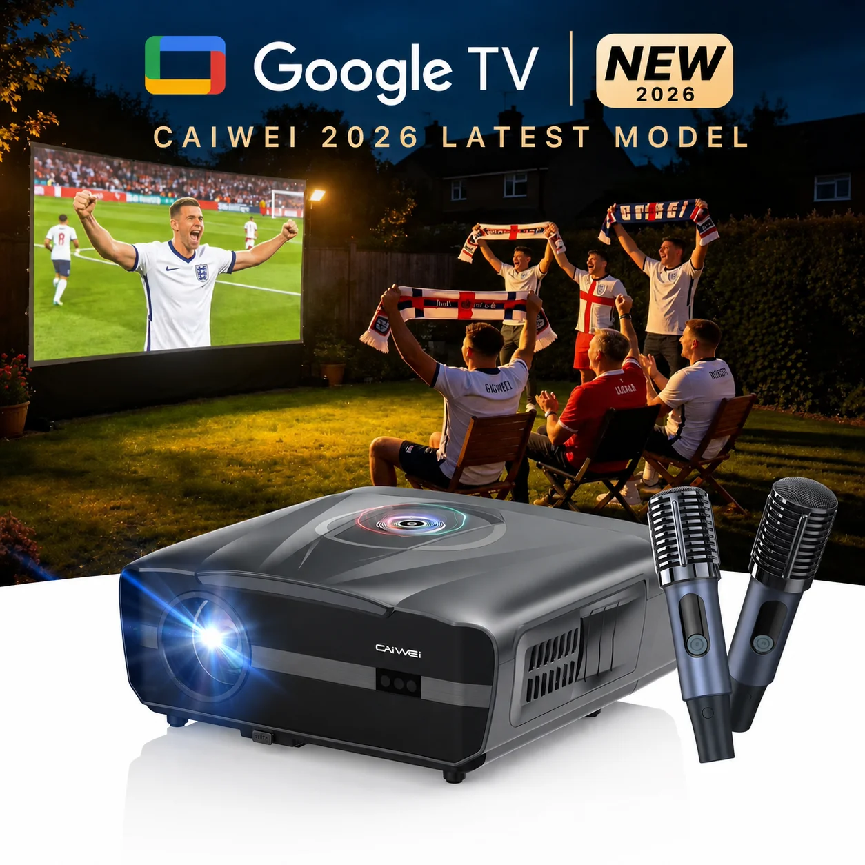 Фото CAIWEI A9X 2026 Новый 4K UHD проектор с Google TV, 4200ANSI, Android 14, домашний кинотеатр, караоке, 2 микрофона, двойные 38-ваттные динамики, автофокус, смарт-функции. №1