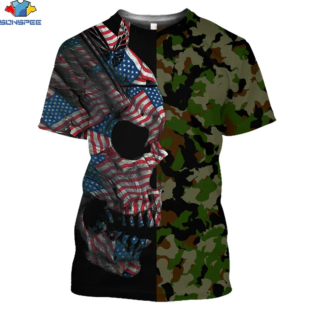 

SONSPEE 3D Print Skull Demon Horror Men's T-Shirts Military Camouflage Creative Design Summer Sports Street Bar Party Trend Tees