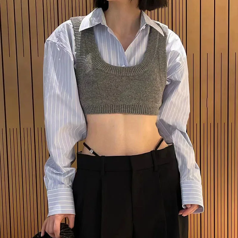 

TB BROWIN Women Shirt Fake 2 Pieces Knitted Top Sexy Long Sleeve Top Korean Design Sexy High Street Slim Splicing Top