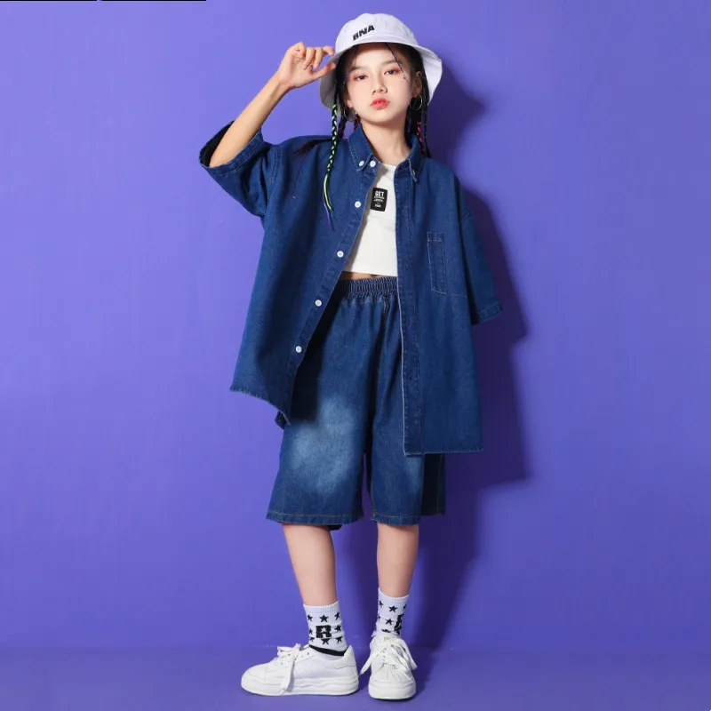 

Girls Summer Clothes Set Blue Denim Short Sleeve Shirts Shorts Children Thin Korean Fashion Street Wear Kid Teen Hip Hop Costume