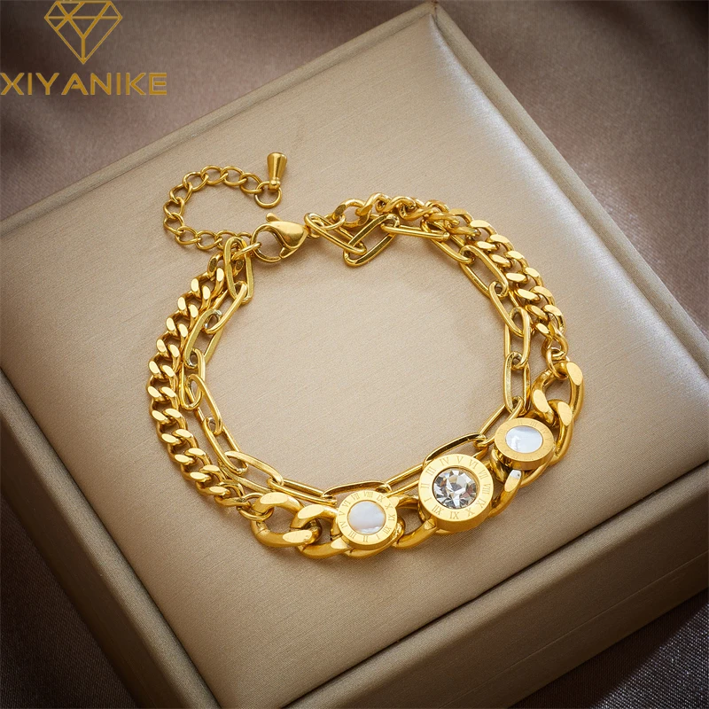 

XIYANIKE 316L Stainless Steel Bracelet Round White Zircon Pendant Double Chain Accessories for Women Summer New Jewelry Pulseira