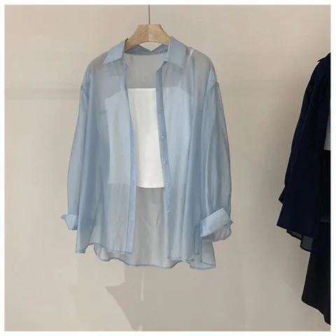 Women Blouses Office Ladies Oversize Loose Tops Long Sleeve See Through Shirt for Women Blouse Korean Fashion Button Up Shirts
