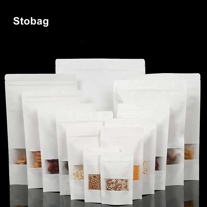 

StoBag 50pcs Kraft Paper Food Packaging Ziplock Bag White Window Sealed Stand Up for Tea Nuts Candy Dried Fruit Storage Pouches