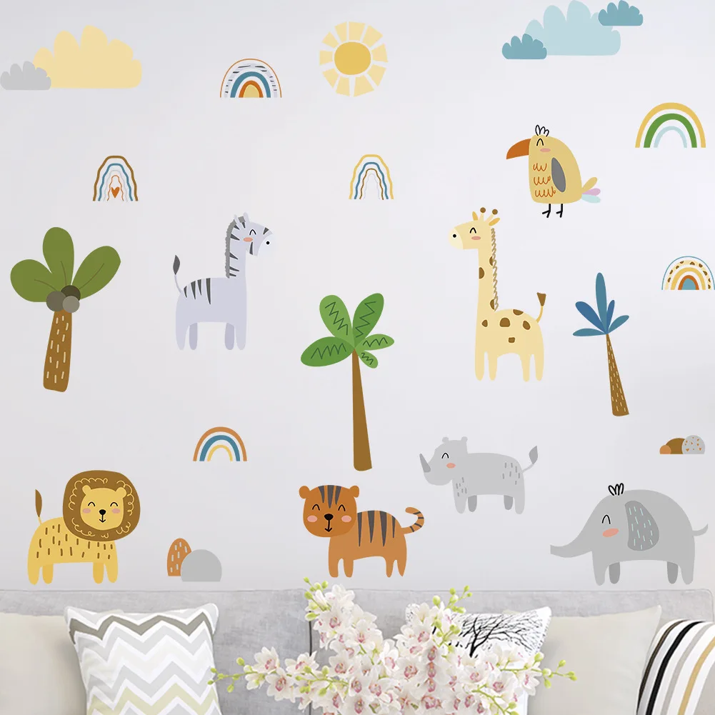 

Boho Jungle Animals Rainbow Wall Stickers for Kids Rooms Boys Girl Baby Room Decoration Kawaii Safari Elephant Giraffe Wallpaper