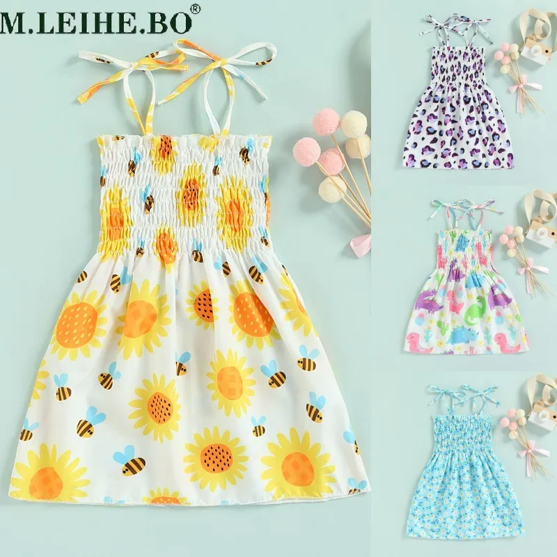 

2022 0-6Y Cute Kids Girls Dress Summer Leopard/Butterfly/Sunflower/Floral/Dinosaur Print Bandage Sleeveless Pleated A-line Dress
