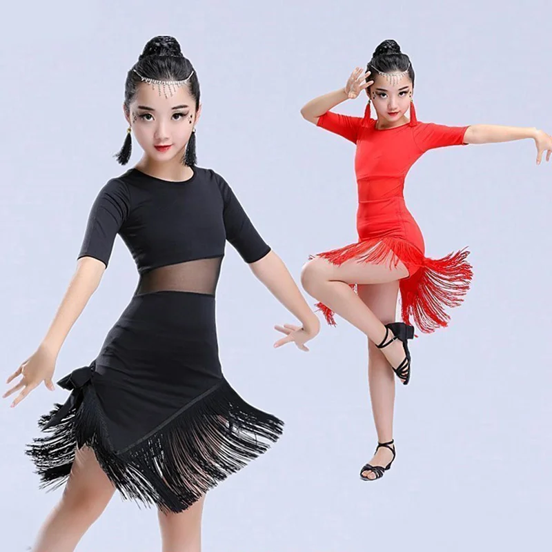 

New Kids Child Girls Latin Dance Dress Fringe Latin Dance Clothes Salsa Costume Black Red Ballroom Tango Dresses For