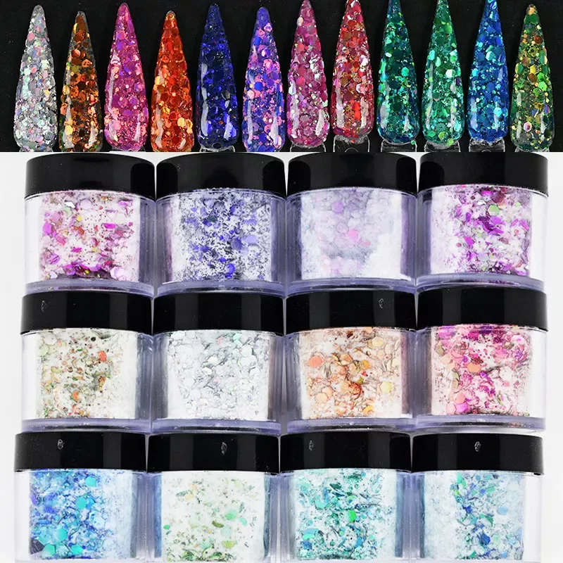 

1Set Nail Extension Builder&Dipping &Sculpture POWDER 12 Colors 3In1 Mixed Chameleon Flake Carving POWDER For Nail Art M