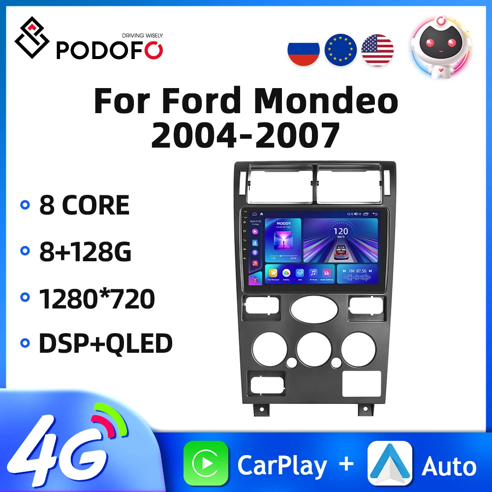 

Автомагнитола Podofo 9 ''для Ford Mondeo 2004-2007, мультимедийный видеоплеер с GPS-навигацией, 8 + 128 ГБ, 8-ядерный Carplay, Авторадио