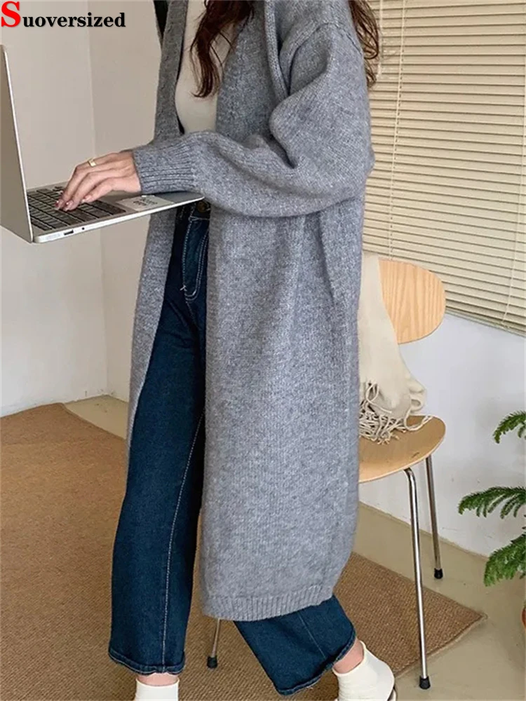 

Women's Knitwears Long Sleeve Tops Elegant Casual Sweater Loose Mid-length Knitted Cardigan Oversize 85kg Fall Winter Gilet