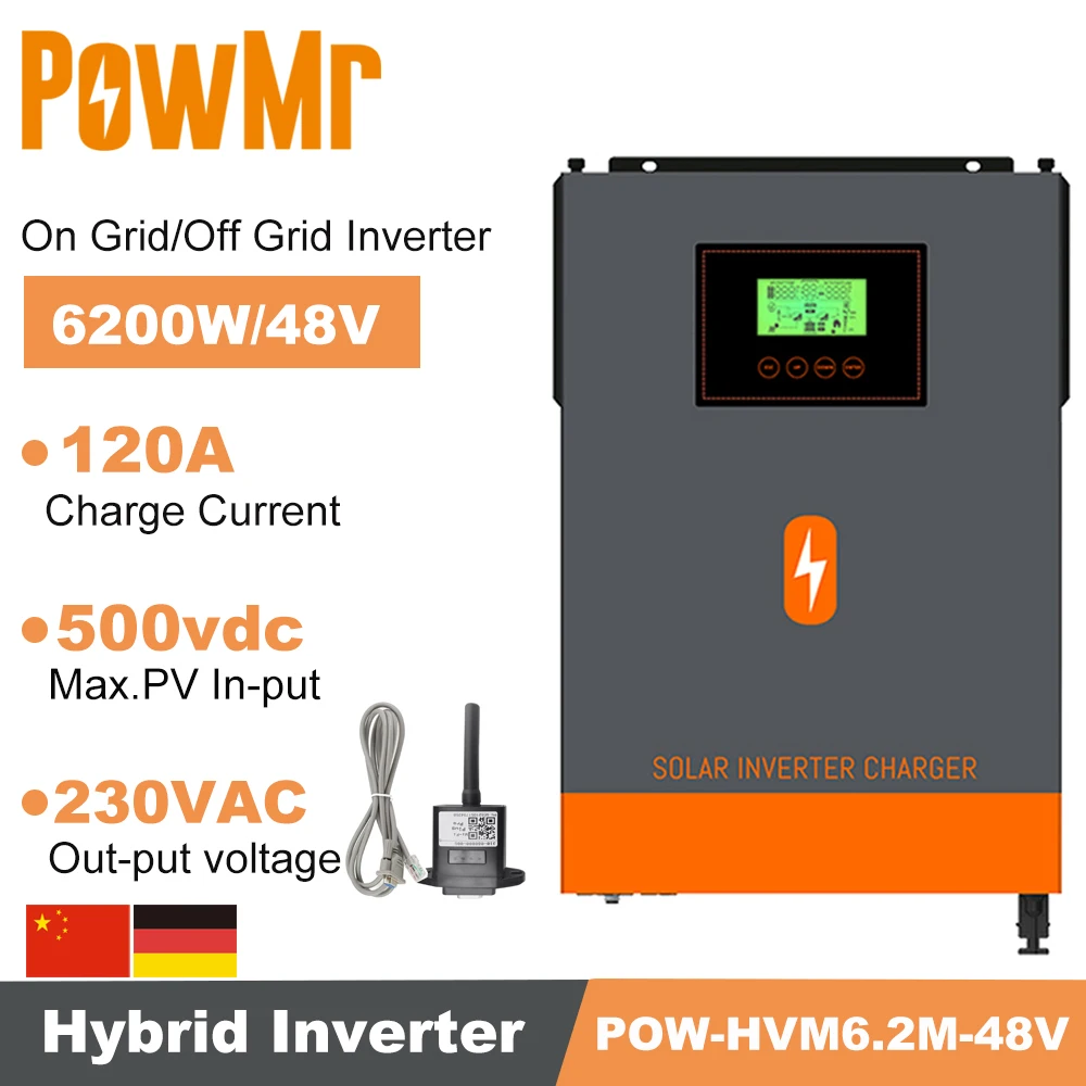 

6200W 48V Output 230V Built-in MPPT 120A Solar Charger LCD Disply Hybrid Inverter Max PV 500V On Grid/Off Grid for Solar System