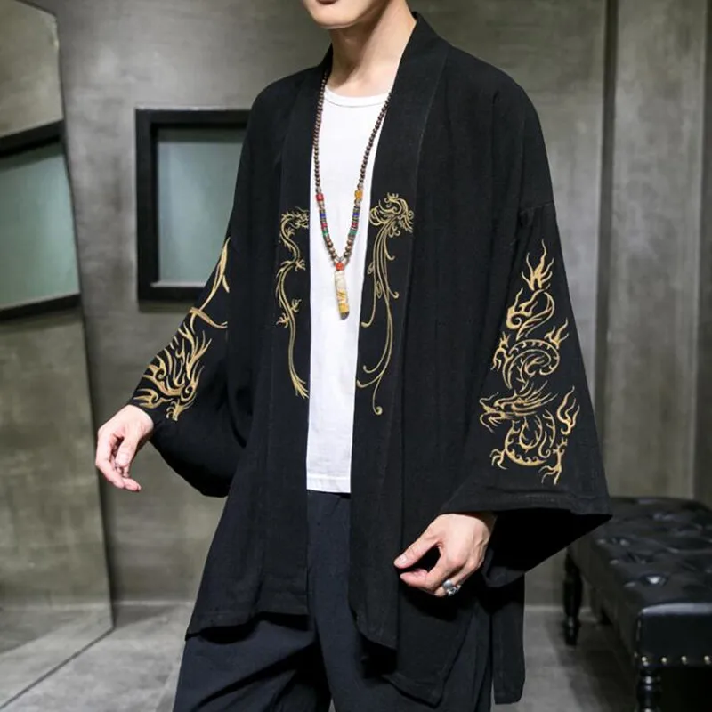 

2021 Fashion Costume Embroidery Hanfu Mens Chinese Style Robe Cardigan Jacket Oversized Kimono 5XL Ancient Coat Male