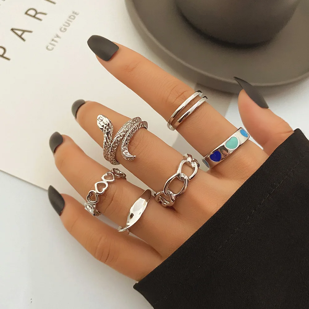 

Fashion Punk 6pcs Snake Shaped Rings for Women Hip Hop Silver Color Dropping Oil Love Heart Aesthetic Anillos Party Jewelry