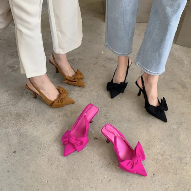 

Женские босоножки на ремешке с бантиком, элегантные туфли-лодочки с острым носком, без застежки, лето 2023