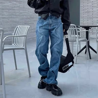 korean blue pleated jeans men fashion casual oversized jeans mens streetwear loose hip hop straight denim pants mens trousers