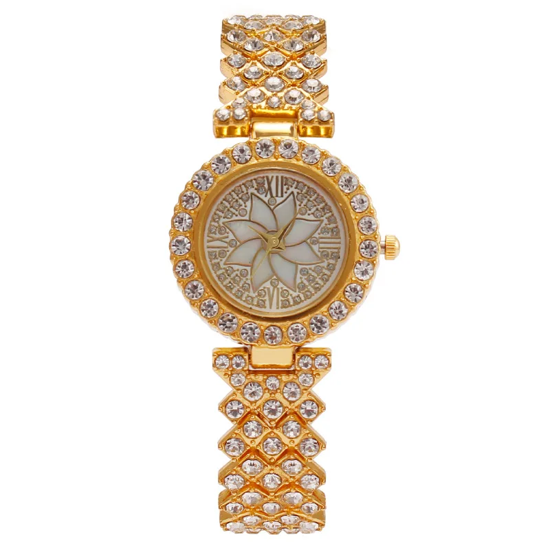 

Fashion Round Quartz Flower Pattern Dial Casual Watch Luxury Rhinestone Strap Fashionable Clock Waterproof Wristwatch for Women