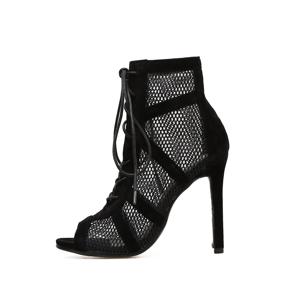 

2022 New Fashion Show Black Net Suede Fabric Cross Strap Sexy High Heel Sandals Woman Shoes Pumps Lace-up Peep Toe Sandals