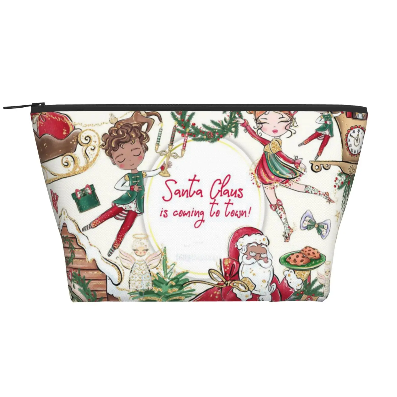 

Santa Christmas Nutcracker Tote Bag Trapezoid Daily Storage Bag Polyester Holiday Headphone Bag Folding Makeup Ziplock Bag