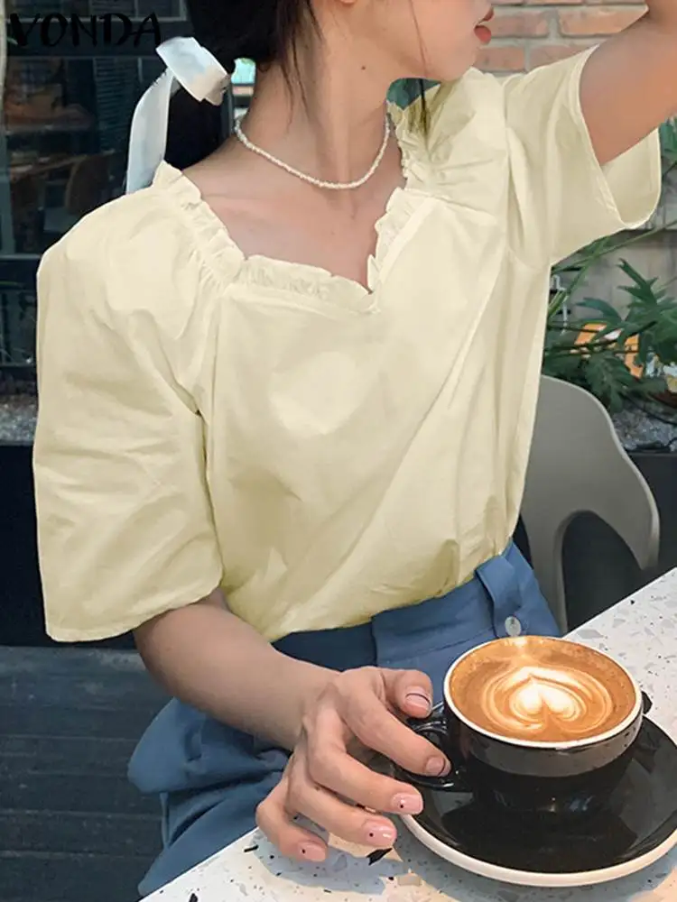 

Летняя Блузка VONDA с оборками, женская модная свободная туника, топы 2023, рубашки с коротким рукавом, однотонные сексуальные повседневные блузы с квадратным вырезом