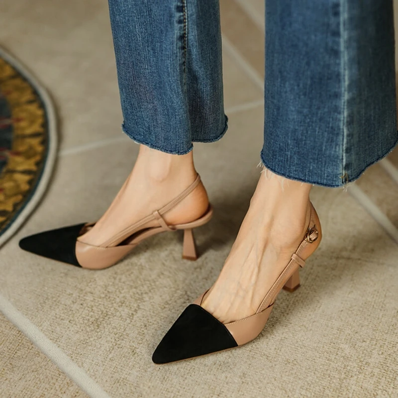 

2022 Summer/Spring Women Shoes Pointed Toe Thin Heel Sandals Mixed Colors High Heels Elegant Sheep Suede Shoes Women Party Shoes