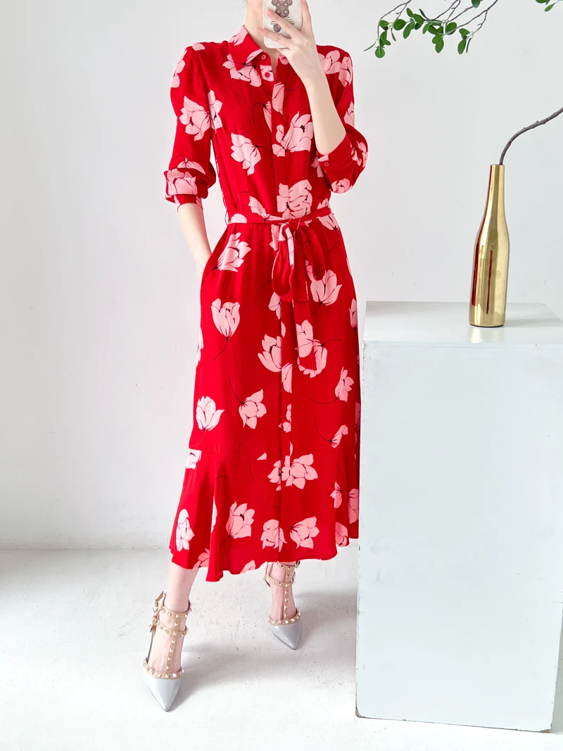 

New Red Floral Print Belted Waist Midi Dress UK 6-UK16