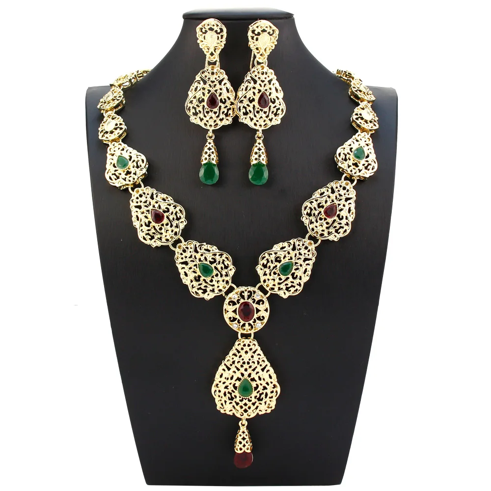 

Sunspicems Elegant Morocco Jewelry Sets Long Earring Necklace For Women Hollow Arabesque Pendant Gold Color Bride Wedding Bijoux