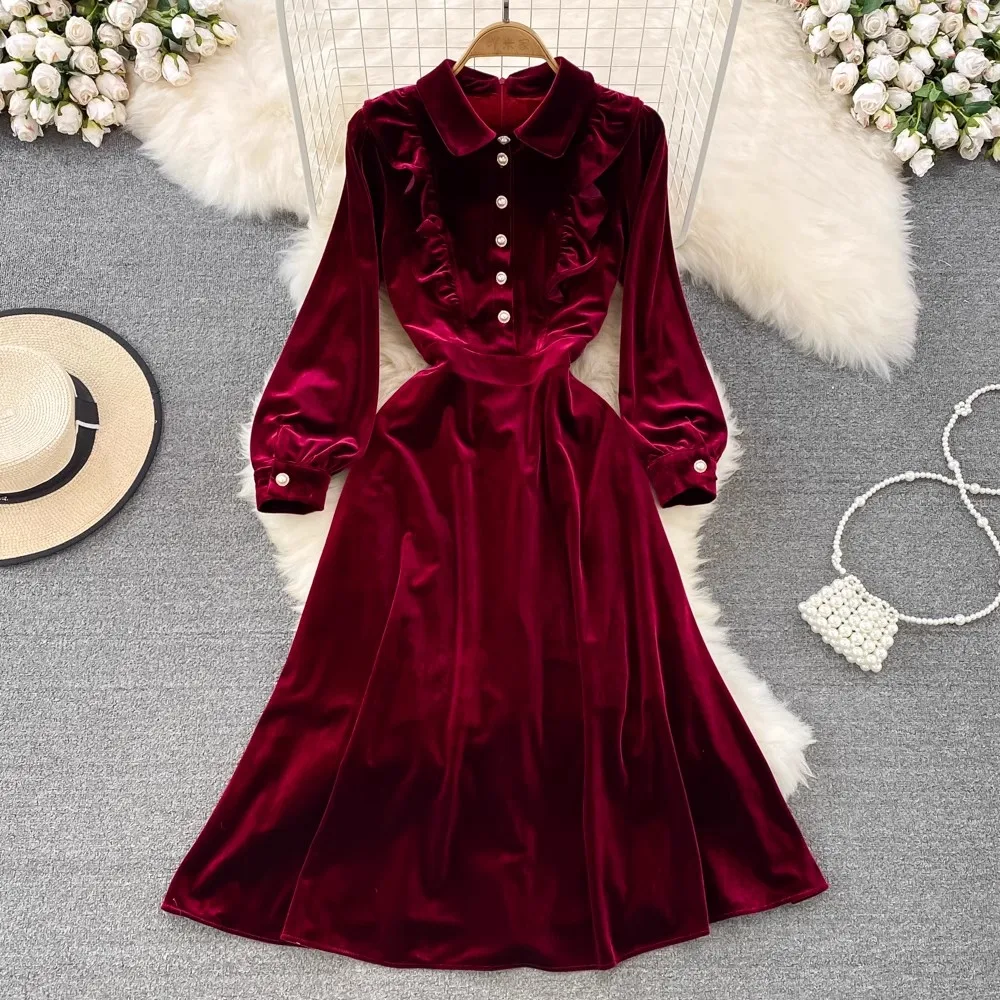 

Autumn Winter Women Elegant Velvet Dress Female Office Cocktail Party Robe High Quality Ruffles Vintage Designer Vestidos