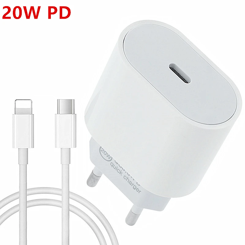 

20W PD Fast Charger For iPhone 13 EU US Plug 1M Data USB Type C Cable For iPhone 12 Charging USB-C Wire for iphone 11 pro ipad