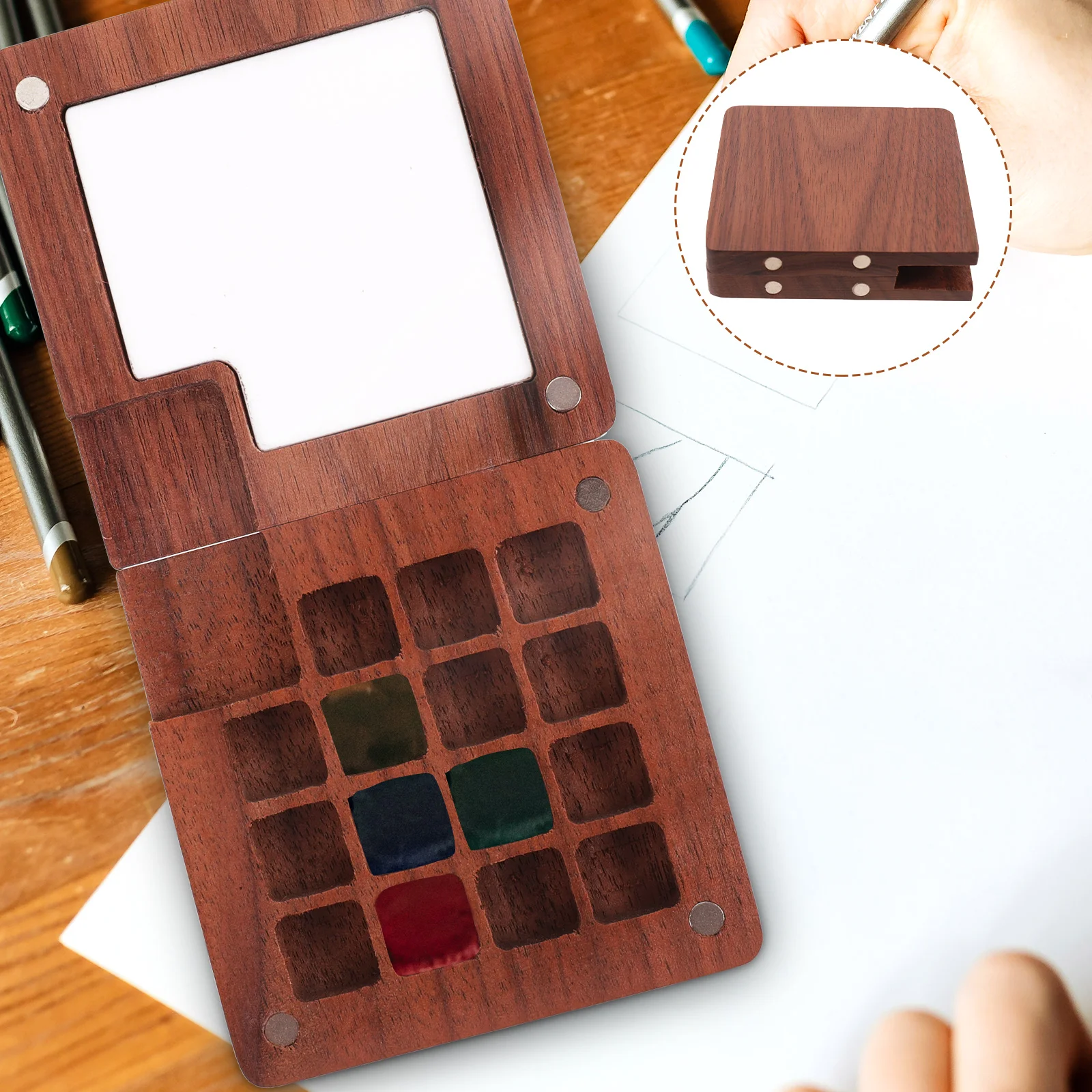 

Wooden Palette Mini Watercolor Tray Case Artist Student Lid Pigment Mixing Box Empty