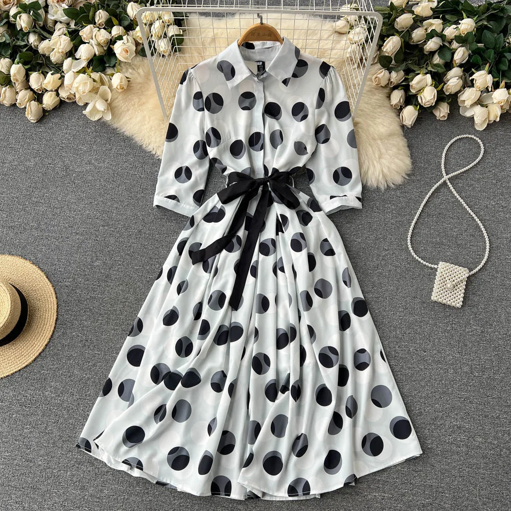 

French Sweet Chiffon Polka Dot Print Shirt Dress 2022 Women Summer New Fashion Lace Up A-line Casual Dresses Vestidos G870