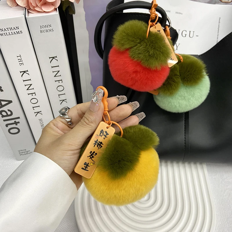 Real Rabbit Hair Mini Cute Small Persimmon Keychains Women Plush Rex Rabbit Fur Car Key Chain Bag Decoration Pendant Gift 2022 images - 6