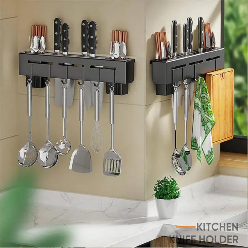 

Wall-mounted Cutlery Organizer Punch-free Hanging Rack Knife Shovel Spoon Chopsticks Storage Shelf Tool Storage Rack With Hook