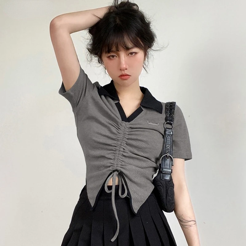 

T-shirts Women Shirring Summer Sexy Hot Ladies Crop Tops Patchwork Fashion Streetwear Slim All-match Cool Casual Knitted Young