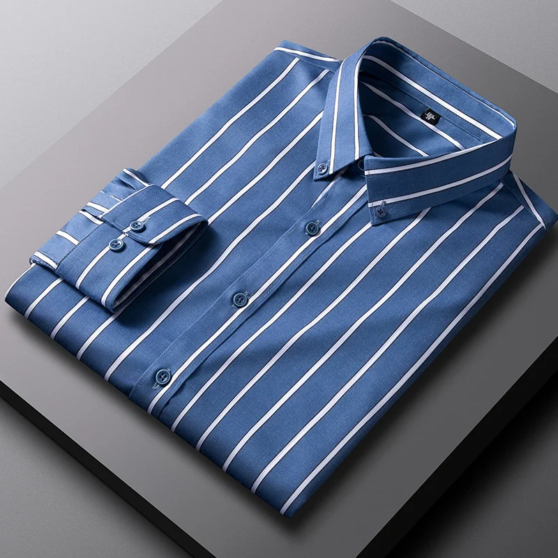 Spring Striped Shirt Men's Long Sleeve Elastic Slim Fitting Business Light Luxury Men's Shirts