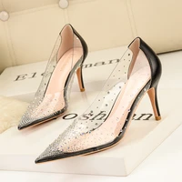 fashion rhinestones pvc transparent pumps stilettos high heels point toes womens party golden wedding high heels shoes