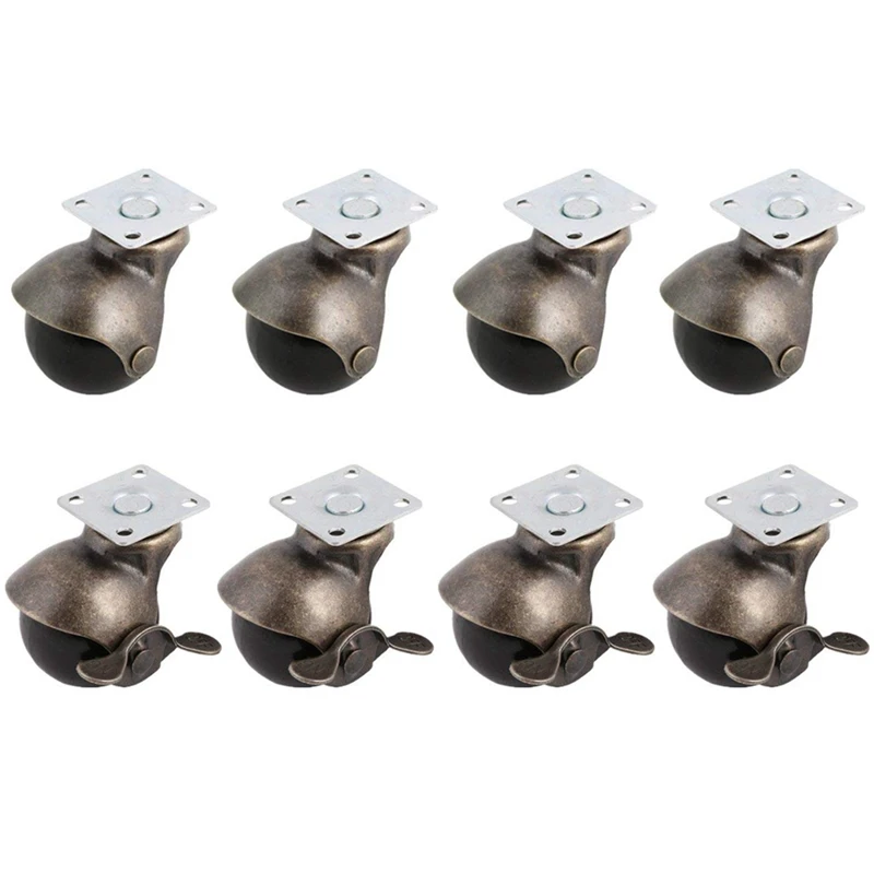 

[8 Pack] Swivel Top Plate Hooded Ball Caster Wheels, Antique Bronze (1.5-Inch No Brake&With Brake)