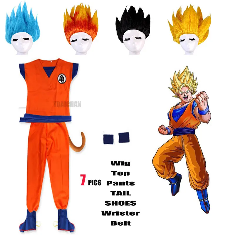 2022 all set Holiday Suits Son Goku Carnival anime Cosplay Costumes Top/Pant/Belt/Tail/wrister/Wig For Adult Kids 7 PICS