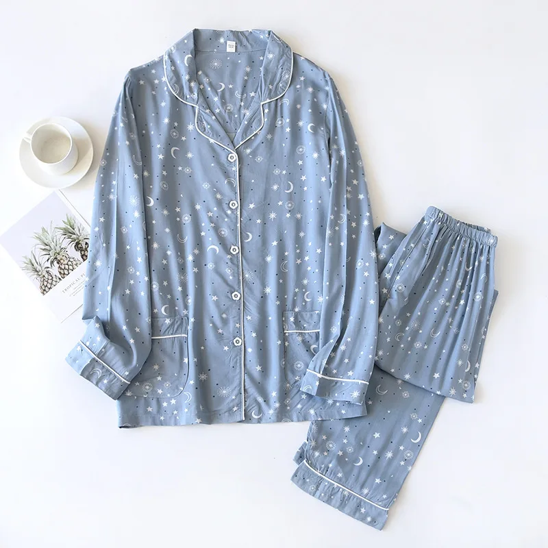 

Ladies Comfortable Homewear Summer Viscose Cardigan Long Sleeve Sleep Tops with Trouser Printed Cotton Pajamas Two-Piece Set
