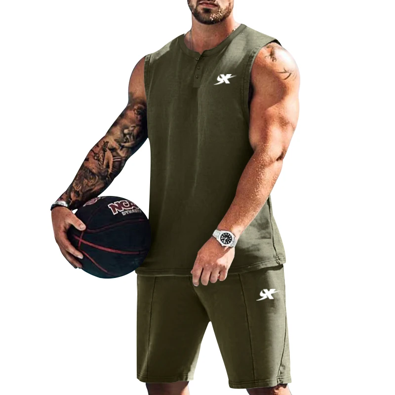 2023 Men's True or False Set Round Neck Sleeveless Casual Top+Sports Drawstring Elastic Waist Fitness Shorts Boutique Two Piece