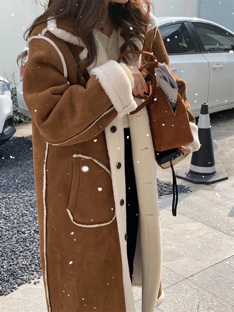 

Женская длинная куртка с лацканами, дизайнерское двубортное теплое шерстяное пальто до середины икры, верхняя одежда с длинным рукавом, Осень-зима