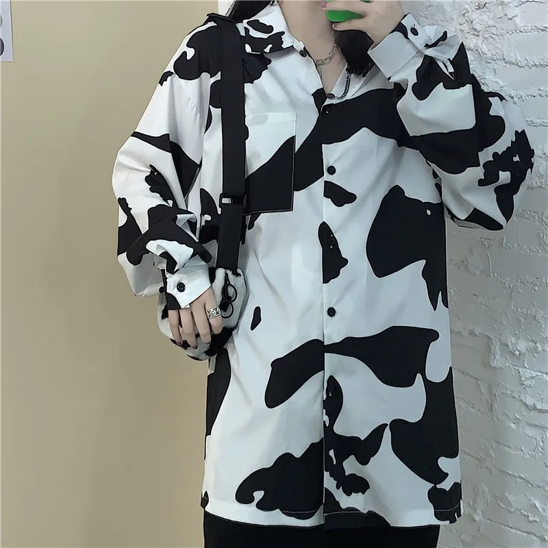 Deeptown Cow Print Women Blouses Korean Style Fashion Spring 2022 Button Up Shirt Loose Long Sleeve Women Shirt Leisure Tops New