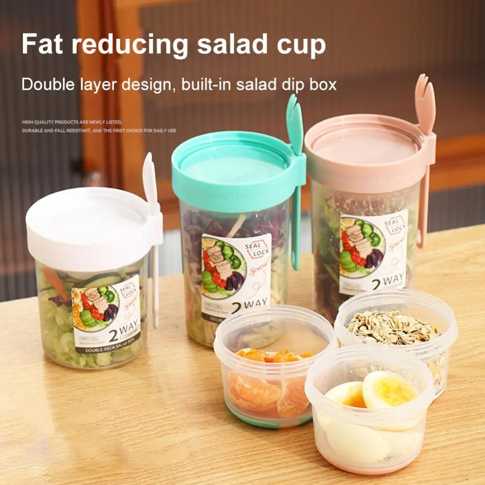 Two-Layers Breakfast Oatmeal Cereal Nut Yogurt Salad Seal Cup Portable Container Set With Fork Cup Lid Bento Food Bowl Lunch Box