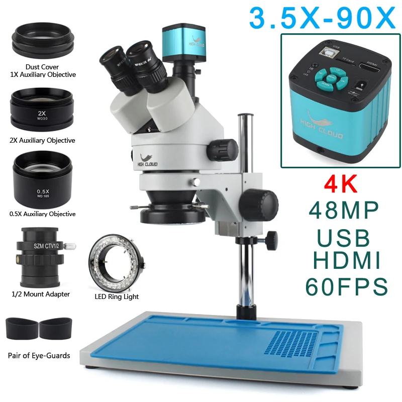

48MP 4K 2K HDMI USB VGA Microscopio Camera 3.5X-90X Simul-Focal Trinocular Stereo Microscope Soldering PCB Jewelry Repair Kit