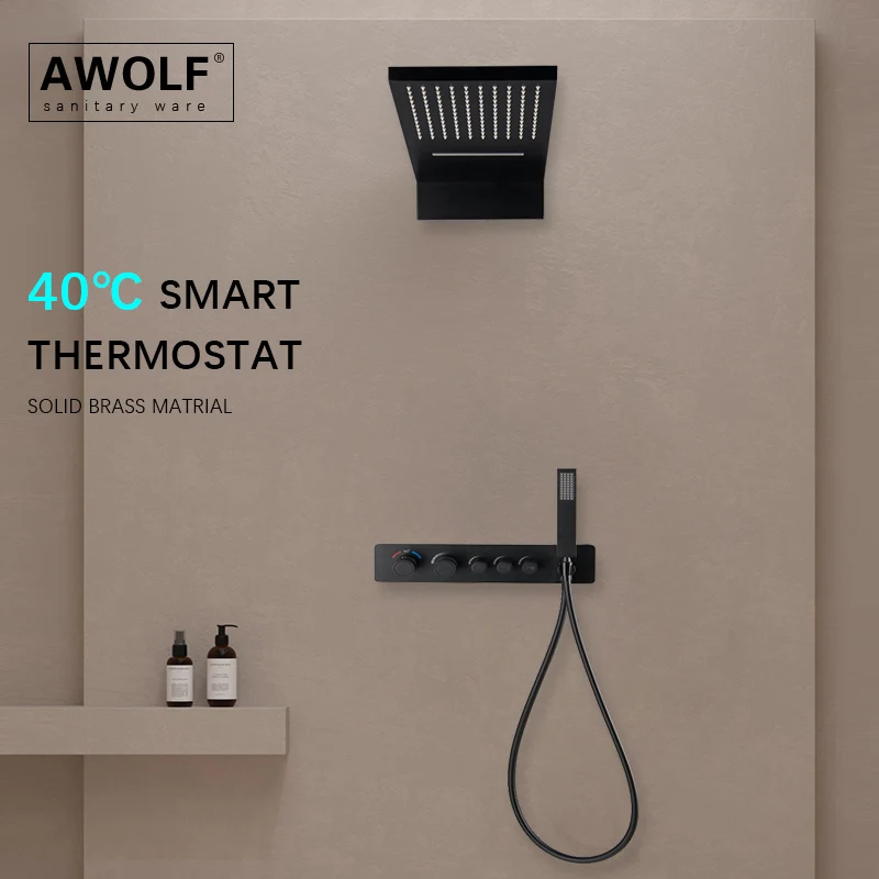 Фото Термостатическая Душевая система Awolf AH3063, черная, белая, твердая, латунь, настенное крепление, встраиваемый хромированный, для ванной комнат... №1
