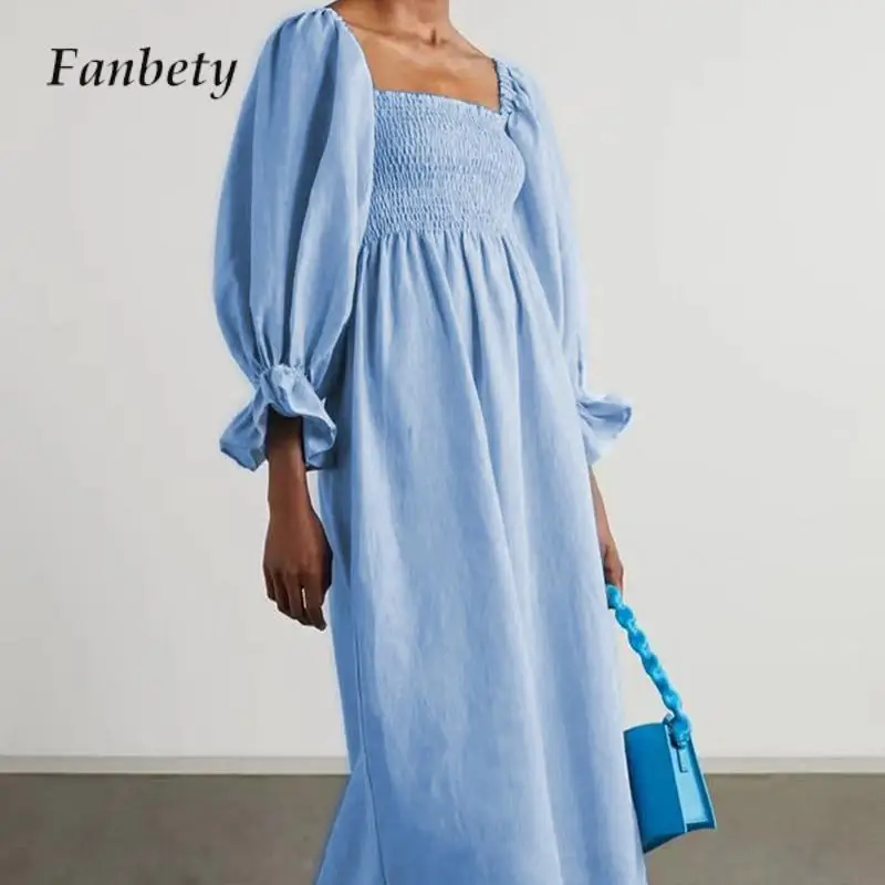 

Fashion Square Neck Pleated Long Dress Office Casual Puff Long Sleeve Solid Party Dress 2023 Women Elegant Backless Maxi Dresses