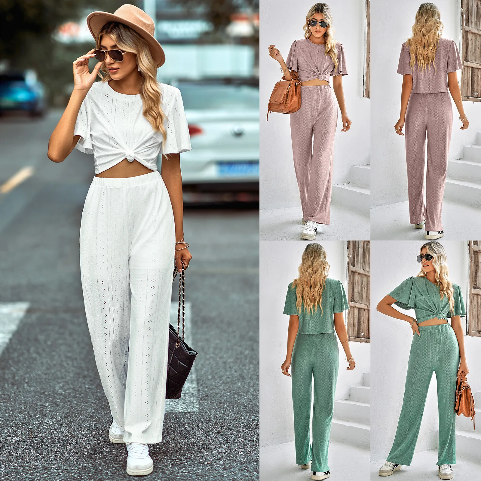 

Spring And Summer New European And American Women's Fashion Solid Casual Knitting Round Neck Women's Suit