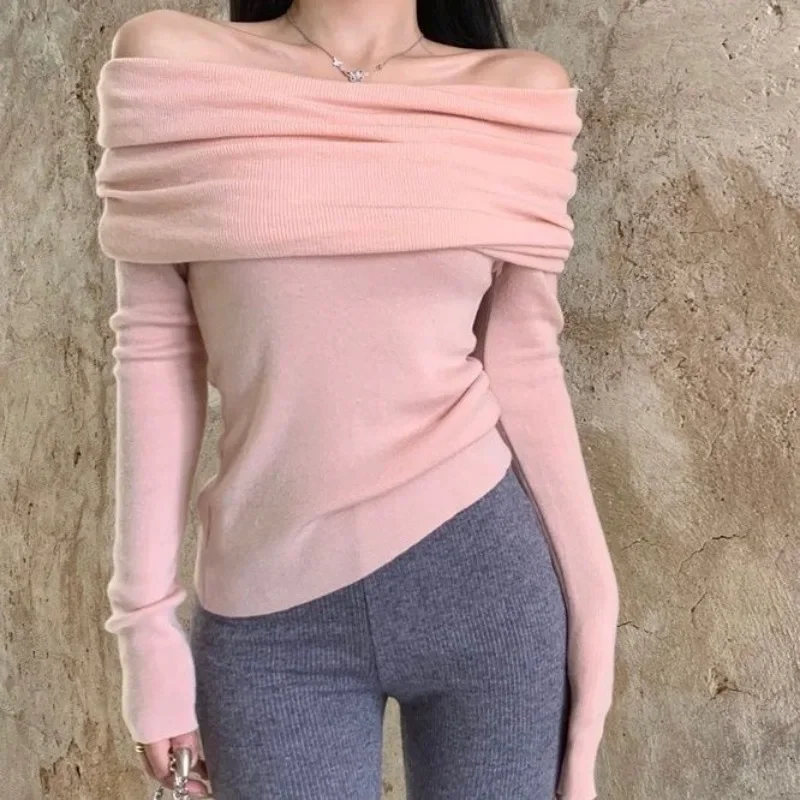 

Slash Neck Sweater Off Shoulder Knitwear Jumper Korean Fashion Women Slim SexyY2k Autumn Winter Clothing Pink Black Apricot