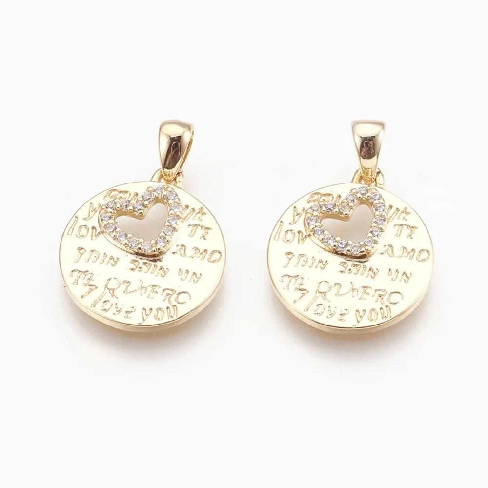 

Brass Micro Pave Cubic Zirconia Pendants Nickel Free Real 18K Gold Plated Flat Round with Word & Heart Clear 16x14x2mm