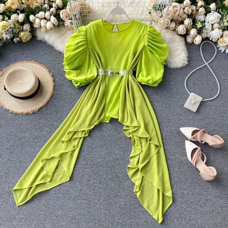 

Bubble sleeve top design sense for female niche mid length irregular ruffle edge patchwork T-shirt trend