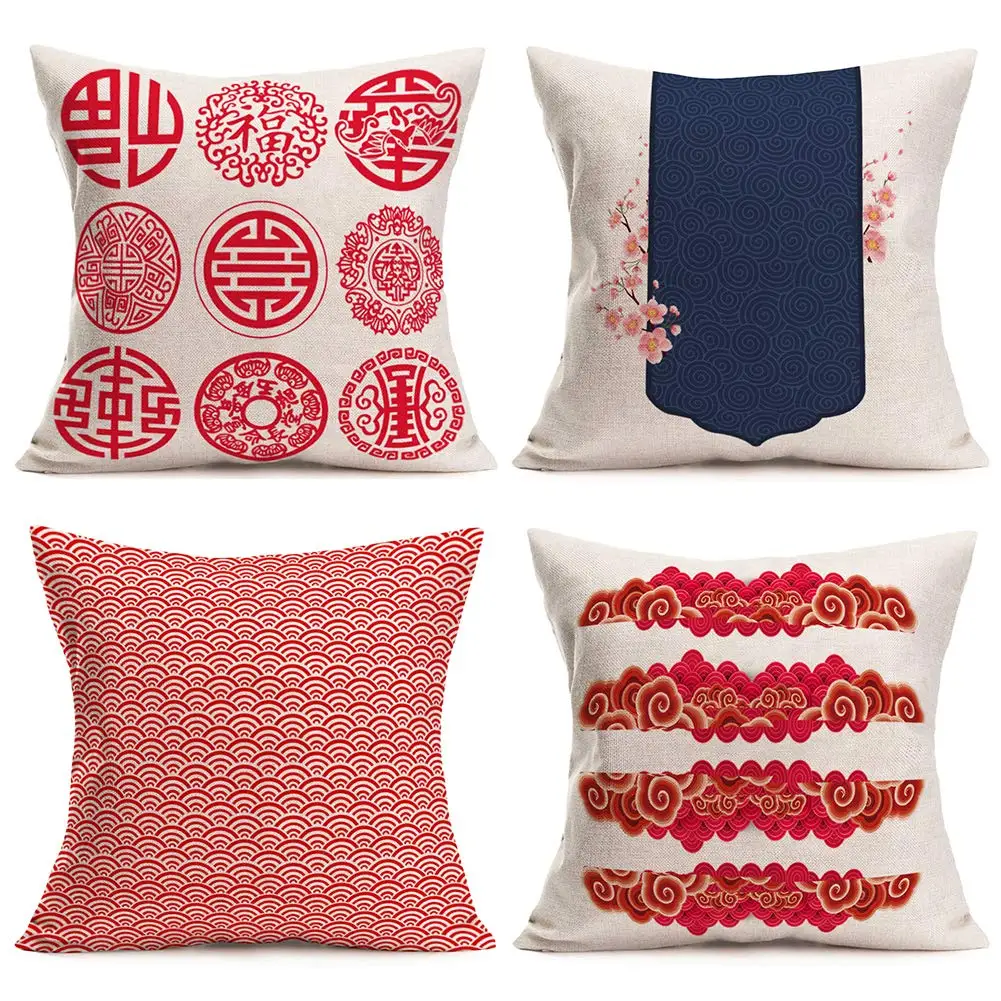 

Red Japanese pattern linen pillowcase，living room decoration，throw pillows covers40x40,45x45,50x50,60x60，home decoration